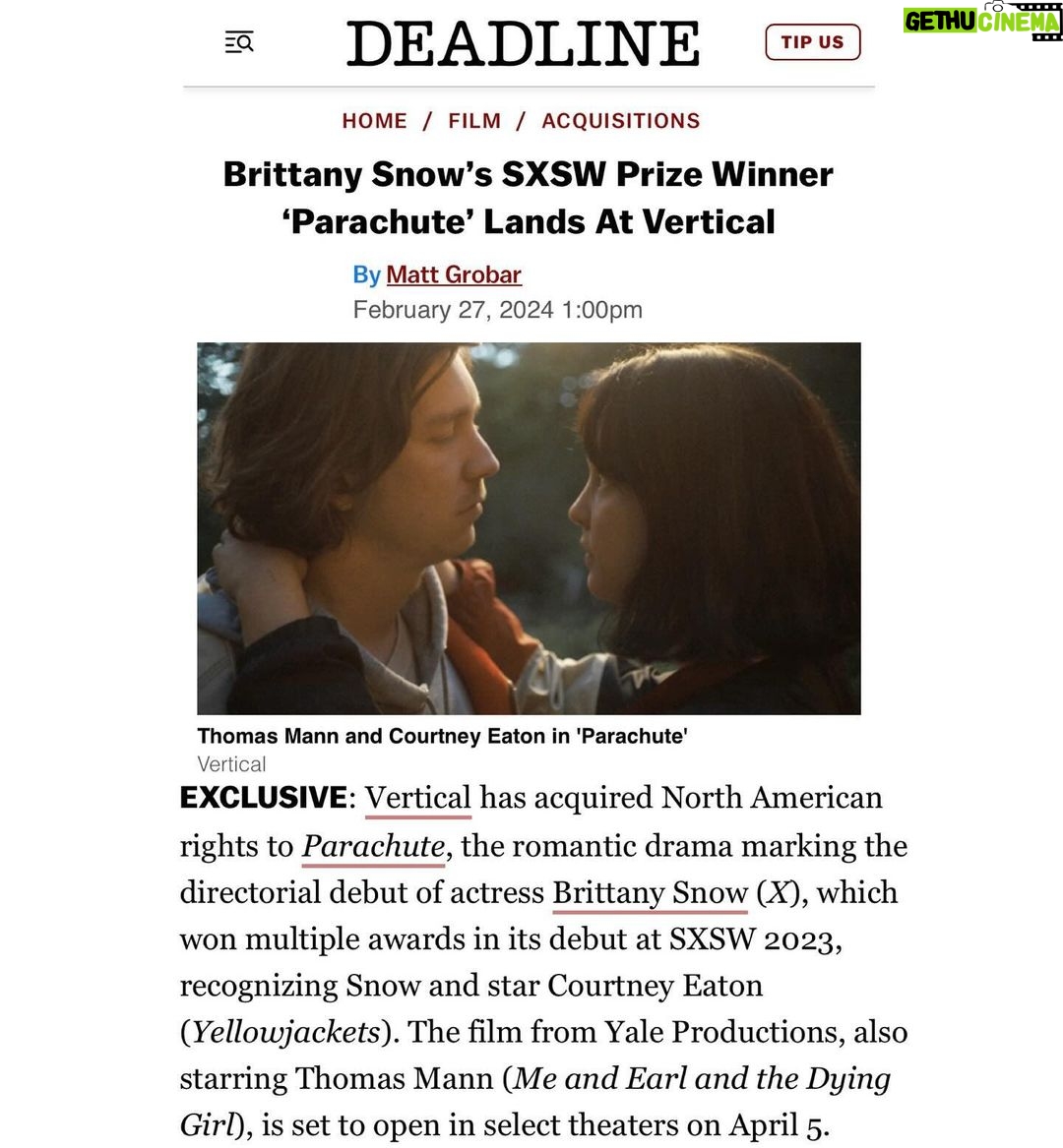 Brittany Snow Instagram - So excited and grateful #ParachuteFilm will be released APRIL 5th πͺπͺπͺ (VOD, streaming and select theaters). So much love and thanks to our friends at @verticalentertainment for believing in this movie. Canβt wait for everyone to cry! (Just a little)