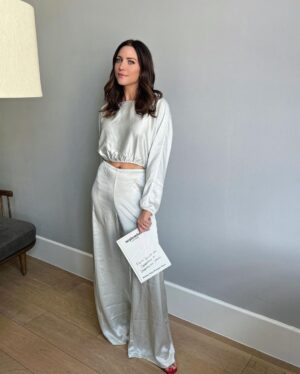 Brittany Snow Instagram - Here’s pictures of me on the @septemberletters book tour leaning in odd ways, standing by various blank walls! Thank you @katiebof for suiting me up so nicely. 🎀 The @septemberletters book is out now and has nothing to do with these outfits. ✉️