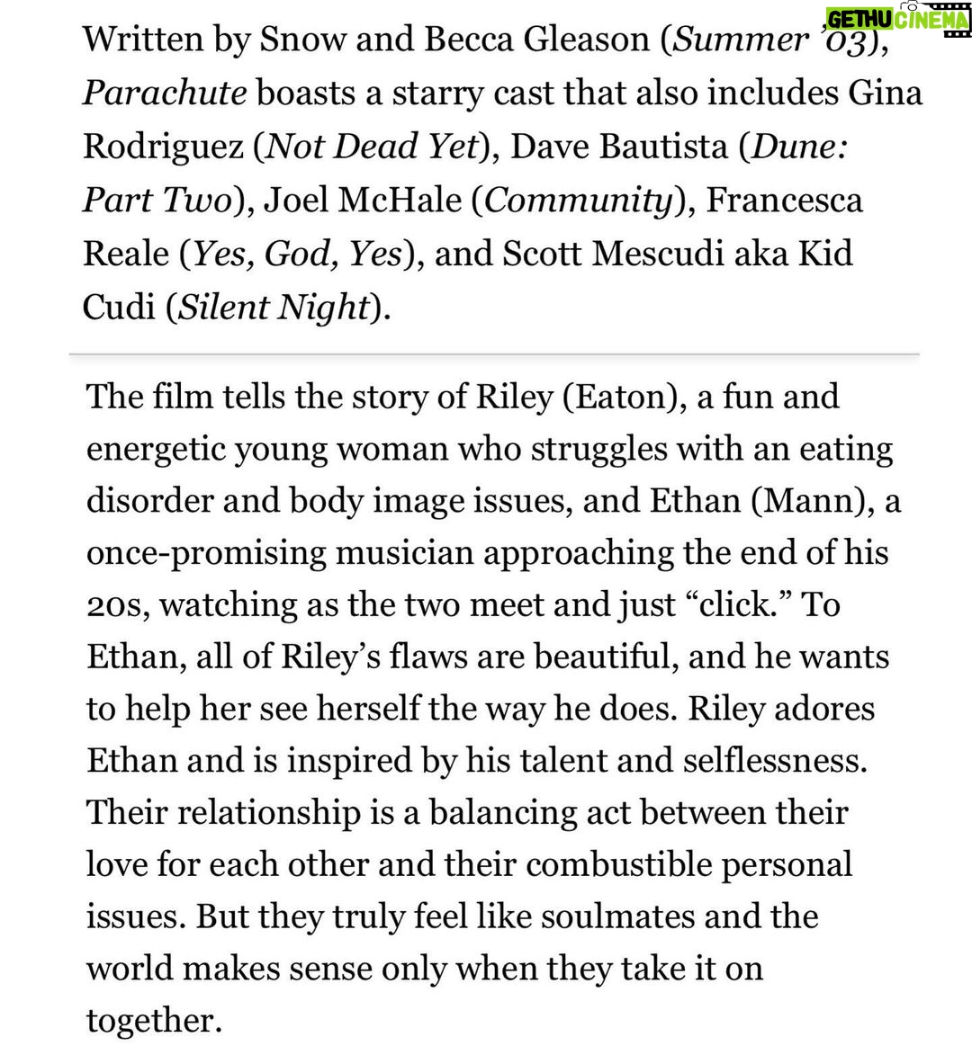Brittany Snow Instagram - So excited and grateful #ParachuteFilm will be released APRIL 5th πͺπͺπͺ (VOD, streaming and select theaters). So much love and thanks to our friends at @verticalentertainment for believing in this movie. Canβt wait for everyone to cry! (Just a little)