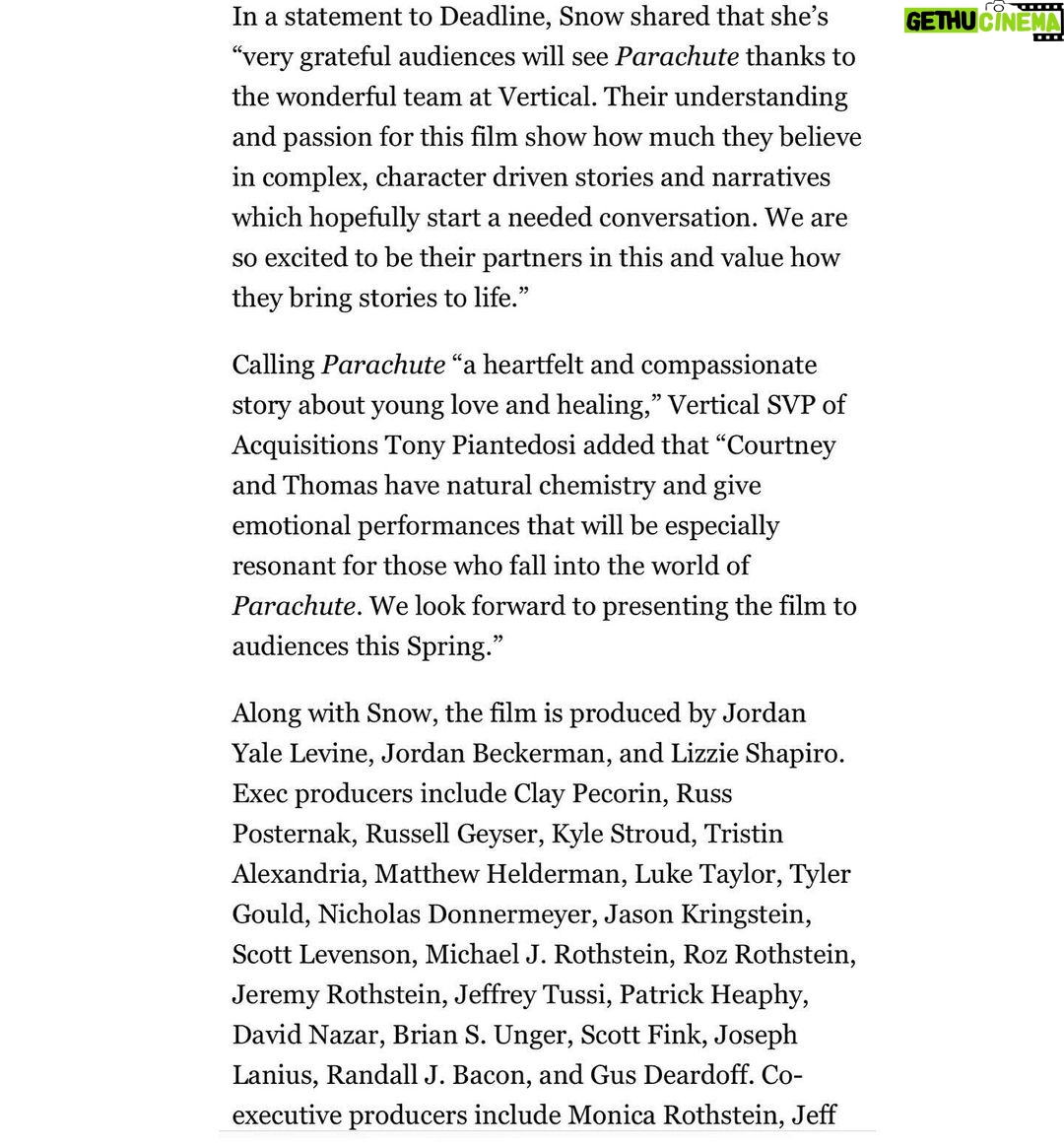 Brittany Snow Instagram - So excited and grateful #ParachuteFilm will be released APRIL 5th πͺπͺπͺ (VOD, streaming and select theaters). So much love and thanks to our friends at @verticalentertainment for believing in this movie. Canβt wait for everyone to cry! (Just a little)