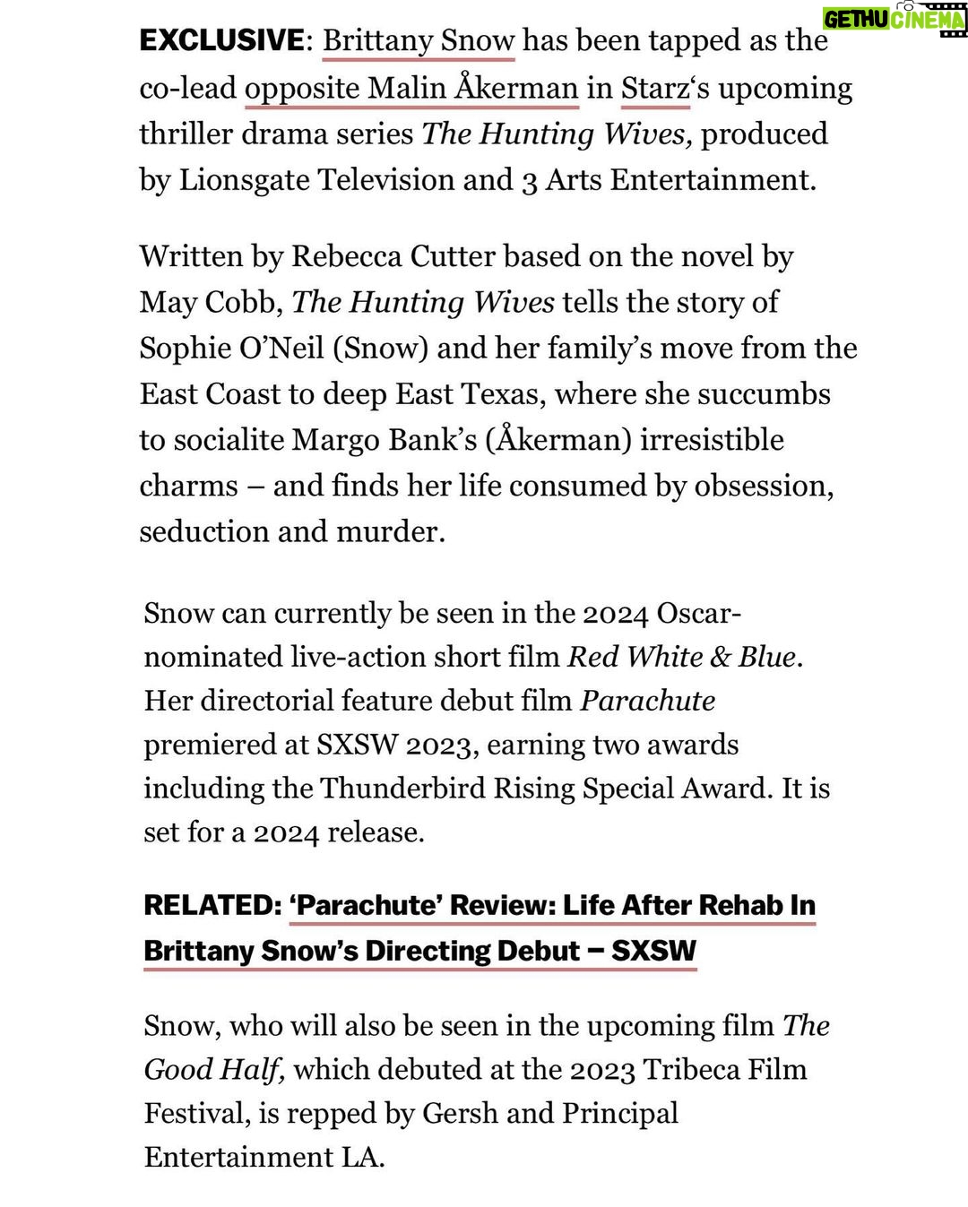 Brittany Snow Instagram - Nothing says romance & true love more than a sexy murder mystery!(?) Very excited for this. 💗 Thank you @rebecca_p_cutter @3artsentertainment @starz @lionsgatetv & @may_cobb for letting me be Sophie & get all turned upside down in Texas.
