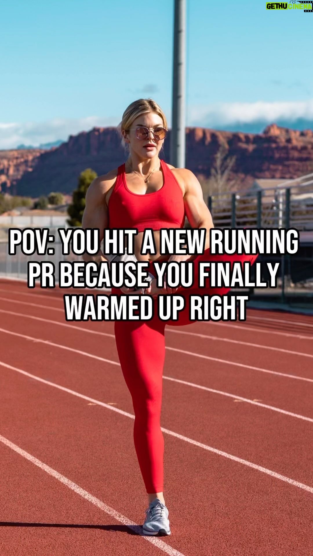 Brooke Ence Instagram - Running sometimes sucks... But make it suck less with this active warm up! A dynamic warm-up is key to prepping your body for a run. It gets the blood moving and muscles ready so you’re not feeling like a rusty robot out there. For the jog, I did 25 yards down and back, but everything else was 25 yards total. The Warm-Up: * Jog * Walking Lunge * Backward Lunge * Hurdle Walk * Reverse Hurdle * Easy Skip * Triple Hips * High Kicks * Skipping High Kicks * Easy High Knees * Build Up to High Knees * Build Up High Knees to Sprint * Single Cycle Drill * Double Cycle Drill If you're looking for something different, I've got this 8-Week Sweat Reset thing going. New workouts, nutrition plan, and a great community. Also, $10,000 on the line. If you want to join– link's in bio! #SweatResetChallenge #WarmUpRight #RunningGoals