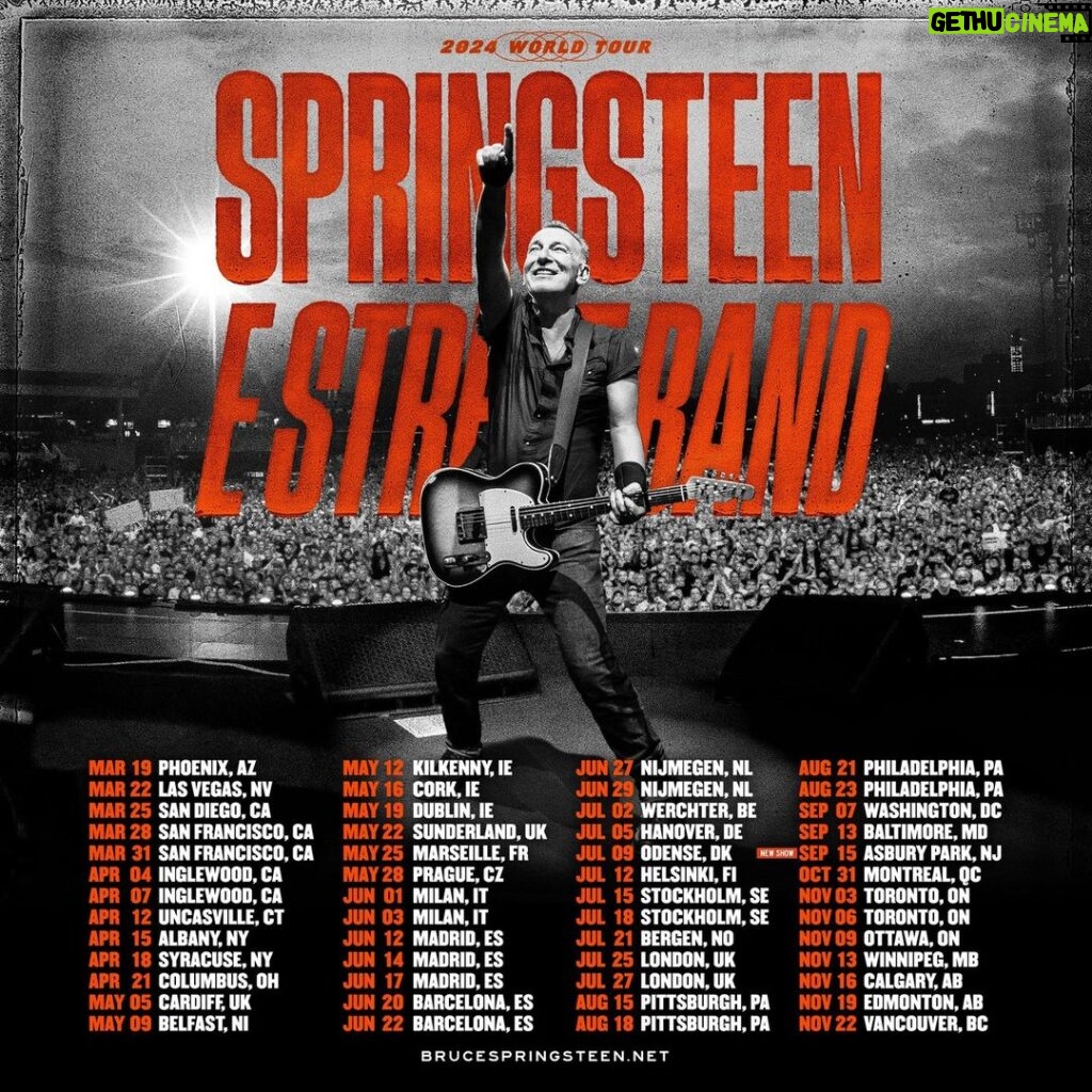 Bruce Springsteen Instagram - Bruce Springsteen and The E Street Band return to the road on March 19, building on a triumphant 2023 hailed as "a masterclass in the uplifting power of rock-and-roll" (Washington Post). Kicking off in Phoenix, Arizona, the 2024 world tour will find Springsteen and The E Street Band delivering their "ecstatic and emotional" (Rolling Stone) live performances in 17 countries, taking place through late November. Earlier today, the number of 2024 dates expanded to 52 — with the addition of a hometown Asbury Park headlining show at the Sea.Hear.Now Festival on Sept. 15.