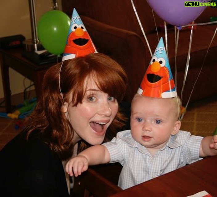 Bryce Dallas Howard Instagram - T-Man! You’ve had the nickname since we took this photo, but now it’s getting real – you’re 17!! I am in such awe of the deeply kind, ever-stylish, creative, smart, and wonderful man you’re becoming and I am so grateful to be your mom. We love you so, so much Theo 💛 Happy Birthday!! 🎉🥳⁣ ⁣ [ID: Celebrating at a party, BDH and Theo wear matching Elmo-themed party cone hats and smile together. Green and purple balloons float in the background.]