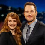 Bryce Dallas Howard Instagram – #TBT to 5 years ago this week when I cut my own bangs the night before appearing on national TV. #BigMistake⁣
⁣
[ID: BDH (left) stands next to Chris Pratt (right) to greet the Jimmy Kimmel Live audience. BDH’s hair is down and her bangs are swept to the right because they are two to three inches TOO SHORT. Not cute short like Audrey Hepburn; short like how my Mom would cut my bangs in 2nd grade.]⁣
⁣
📸: @jimmykimmellive