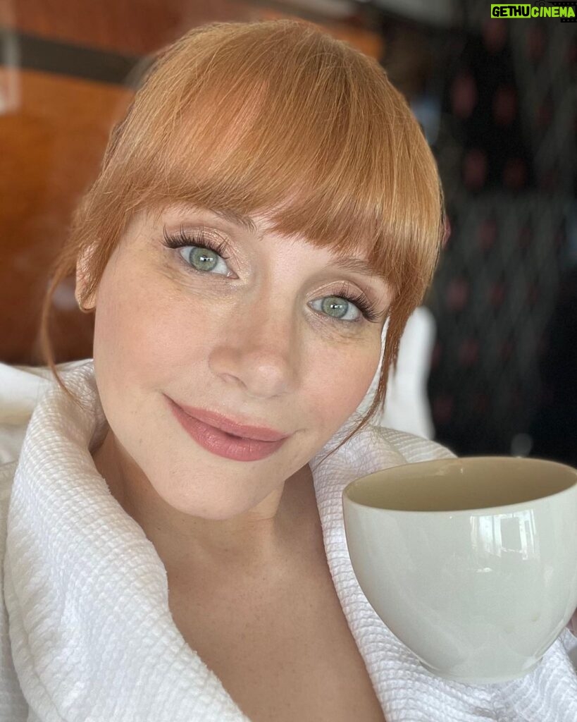 Bryce Dallas Howard Instagram - Good morning, Tokyo! Room service in Japan is the stuff dreams are made of — I’m in heaven 😍 ⁣⁣ ⁣⁣ I wanna plan a family trip out here asap, so online family, what is must see/ experience in Tokyo? ⁣ ⁣ [ID: BDH, cozy in a white robe, enjoys a latte in her Tokyo hotel room] Tokyo, Japan