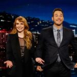 Bryce Dallas Howard Instagram – #TBT to 5 years ago this week when I cut my own bangs the night before appearing on national TV. #BigMistake⁣
⁣
[ID: BDH (left) stands next to Chris Pratt (right) to greet the Jimmy Kimmel Live audience. BDH’s hair is down and her bangs are swept to the right because they are two to three inches TOO SHORT. Not cute short like Audrey Hepburn; short like how my Mom would cut my bangs in 2nd grade.]⁣
⁣
📸: @jimmykimmellive