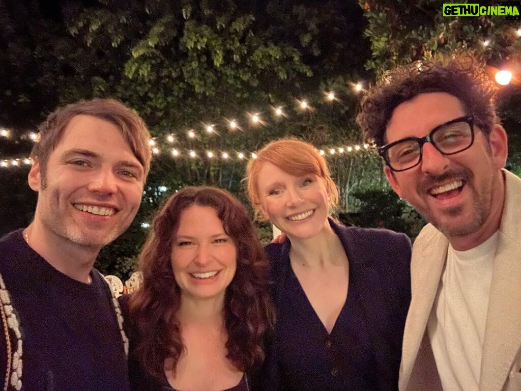Bryce Dallas Howard Instagram - Breaking the fast with old buddies ❤️⁣ ⁣ ⁣ ⁣ ⁣ [ID: Shanah Tovah from (left to right), Seth Gabel, Katie Lowes, BDH, and Adam Shapiro who smile for a group photo after their Yom Kippur meal. The long-time friends stand together on an outdoor patio decorated with twinkly lights at the Winklers’ house.]