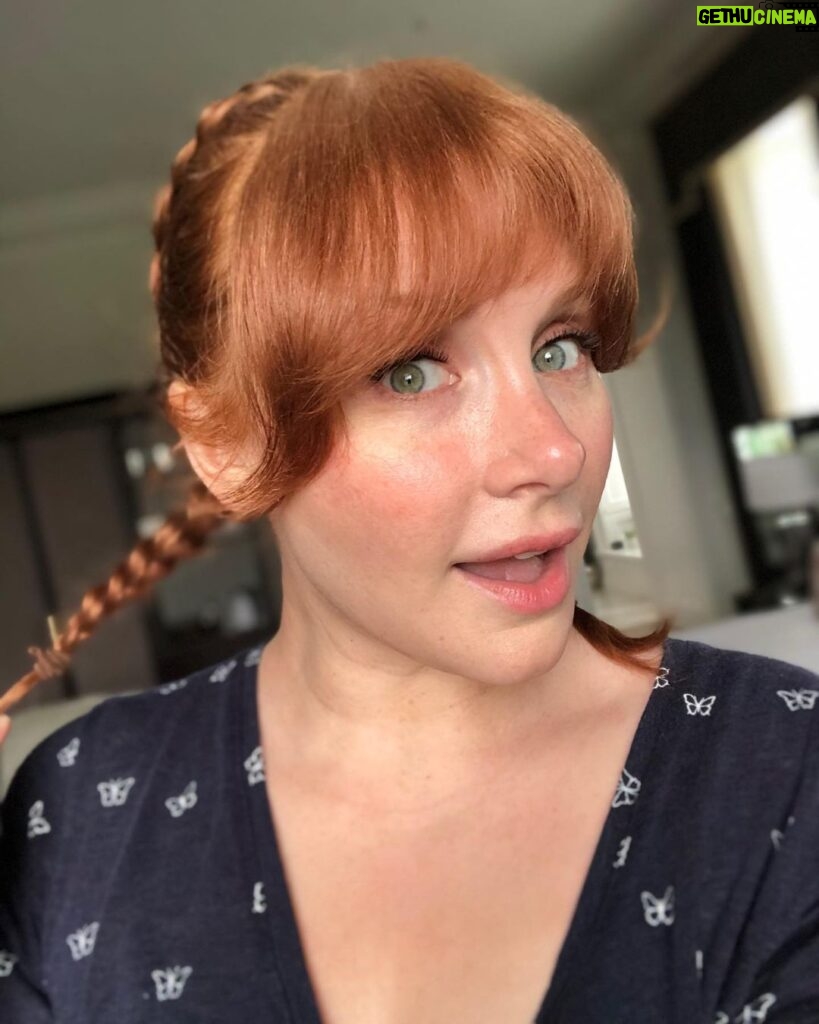 Bryce Dallas Howard Instagram - Getting ready for Halloween 🎃 I’ve been #PippiLongstocking many times, but the wires always become unmanageable… any tips? ⁣⁣ ⁣⁣ [ID: Selfies of BDH with French Braids, by Charlie Rogers, perpendicular to her head, Pippi Longstocking style]