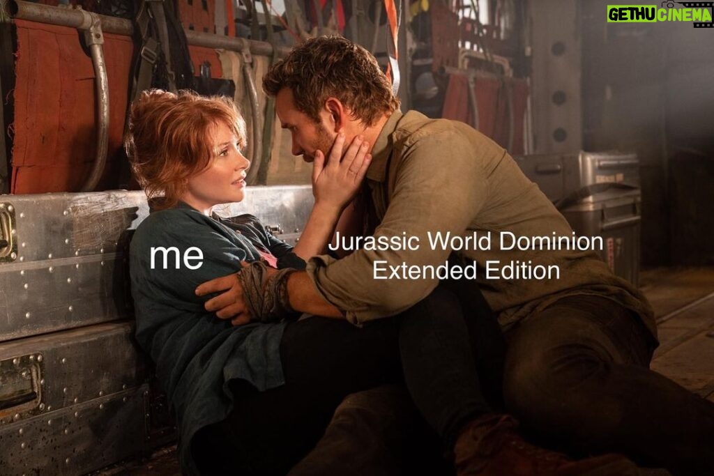 Bryce Dallas Howard Instagram - Hold your loved ones close and the Extended Edition of #JurassicWorldDominion even closer 🥰 Now available on Digital, 4K UHD, and Blu-ray, the Extended Edition restores never-before-seen footage and is packed with bonus featurettes from the movie. Get your copy today at the link in bio ☝️⁣ ⁣ [ID 1: Claire Dearing (played by BDH) and Owen Grady (played by Chris Pratt) tenderly hold each other]⁣ ⁣ [ID 2: The same photo with the text “me” over Claire Dearing and the text “Jurassic World Dominion Extended Edition” over Owen Grady]
