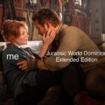 Bryce Dallas Howard Instagram - Hold your loved ones close and the Extended Edition of #JurassicWorldDominion even closer 🥰 Now available on Digital, 4K UHD, and Blu-ray, the Extended Edition restores never-before-seen footage and is packed with bonus featurettes from the movie. Get your copy today at the link in bio ☝️⁣ ⁣ [ID 1: Claire Dearing (played by BDH) and Owen Grady (played by Chris Pratt) tenderly hold each other]⁣ ⁣ [ID 2: The same photo with the text “me” over Claire Dearing and the text “Jurassic World Dominion Extended Edition” over Owen Grady]