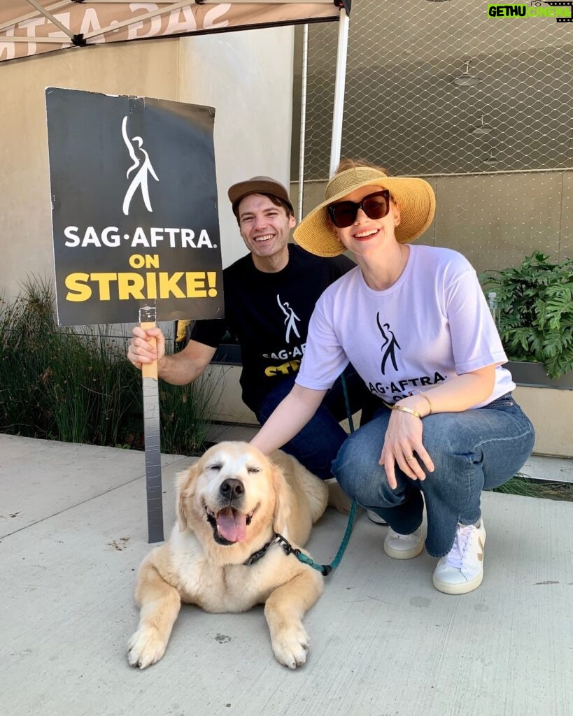 Bryce Dallas Howard Instagram - Proud to rep @sagaftra on this National Day of Solidarity!! Today, across the country and across industries, we’re coming together to show that our movements for better compensation, safer working conditions, and fair contracts will not be beat! Our community is stronger than ever and we have hot labor summer to prove it 🔥🔥 [ID: Seth Gabel (left) and BDH (right) proudly wear their SAG-AFTRA shirts on the picket line. They crouch next to their golden retriever Story who visited them on the picket line for a morale boost.** Seth holds a “SAG-AFTRA on Strike!” sign while BDH pets Story. All three are smiling big in solidarity with the actors.] ** It’s important to mention that because of the heat, I don’t recommend bringing pets to the picket line. Story’s visit was a special arrangement where she stayed less than 5 minutes, and in any other scenario she wouldn’t be there. Please take care of yourself and your fur babies in the heat! #SagAftraStrong #Power2Performers #WGAStrong