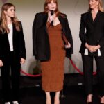 Bryce Dallas Howard Instagram - Dinosaurs, but make it fashion 🦖 Thank you Germany for being an incredible last stop on this leg of our international travels!! Next stop, home sweet home: Los Angeles! #JurassicWorldDominion ⁣ ⁣ Makeup: Kara Bua (@karayoshimotobua) ⁣⁣⁣⁣⁣ London/ Germany Hair: Christian Wood (@cwoodhair)⁣⁣⁣ Manicure: Ariane Brimah⁣ And special thanks to @alex.schack✨⁣ ⁣ [ID 1 & 2: BDH signs autographs, wearing a plum floor-length Pamella Roland gown with fancy silver beading along the neckline and sleeves.]⁣ ⁣ [ID 3: In front of a dinosaur installation in Trafalgar Square, BDH wears a bright tennis-ball yellow Alex Perry dress with an angular silhouette and neck cutout]⁣ ⁣ [ID 4 & 5: Rexy and BDH roar in Germany; BDH wears a midi red Valentino dress with matching red pumps that made her very tall]⁣ ⁣ [ID 6: Izzy Sermon, BDH, and Laura Dern speak at the London crew screening of Jurassic World Dominion. BDH wears a caramel-hued Self Portrait mesh midi dress and black blazer. She’s emotional saying thank you to all the people]