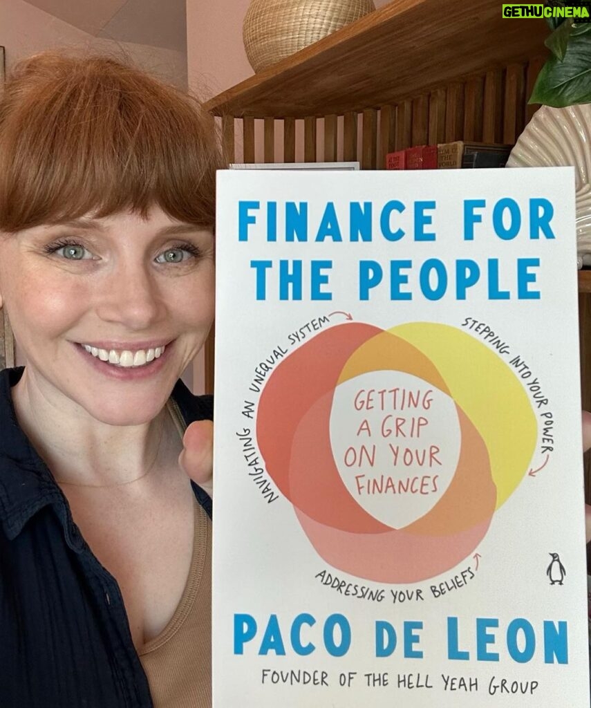 Bryce Dallas Howard Instagram - “Remember that you coming into your power is a small, radical act within your circle of control.” ~ Paco de Leon, author, illustrator, musician, personal finance expert, and founder of @thehellyeahgroup⁣ ⁣ I’m such a fan of Paco and her work, from her newsletter, to her various columns, to her podcast — and I’ve even worked with Hell Yeah Bookkeeping and gotten tons of invaluable advice. I so admire how she’s focused on a niche that is very important to me: the intersection of creativity, capitalism, and social justice. I cannot emphasize how much I respect her work.⁣ ⁣ Paco’s book “Finance for the People” (which was also just released as an audiobook!) normalizes honest money conversations and with a special attention to the folks who the financial system is stacked against. It’s a wonderfully illustrated and practical guide to navigating your financial life, no matter your financial situation. And with her own creative background, Paco offers so much with artists in mind.⁣ ⁣ I’ll be doing a deep dive on Paco’s incredible resources in my free newsletter this weekend, so don’t forget to subscribe at the link in bio before Sunday! 🔗⁣ ⁣ Swipe ⏪ for a preview of Paco’s Pyramid of Financial Awesomeness 💰⁣ ⁣ [ID: Wearing a navy blue overshirt and a light brown top underneath, BDH smiles and holds a copy of “Finance for the People” next to her face. The cover is of three concentric circles: (1) Stepping into your power, (2) Addressing your beliefs, and (3) Navigating an unequal system. Where the circles overlap reads, “Getting a grip on your finances.”]