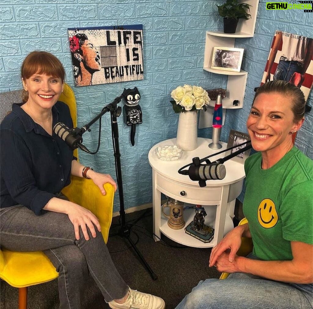Bryce Dallas Howard Instagram - LOVED talking with you Katee!⁣ ⁣ repost @therealkateesackhoff: This Wednesday! I am so excited that @brycedhoward is joining me as the first guest on @bbbkatee. It is such an incredible conversation, and I can’t wait for people to check it out. Please subscribe to all the platforms today! And if you didn’t catch the first episode make sure to catch up now! #bbbkatee⁣ ⁣ [ID: Sitting in the “Blah Blah Blah With Katee Sackhoff” podcast studio (which is filled with the coolest posters and collectibles), BDH (left) and Katee (right) are all smiles after recording Katee’s first episode!! BDH wears a navy blue blouse with grey jeans and Katee wears blue jeans and a green t-shirt with a yellow smiley face.]