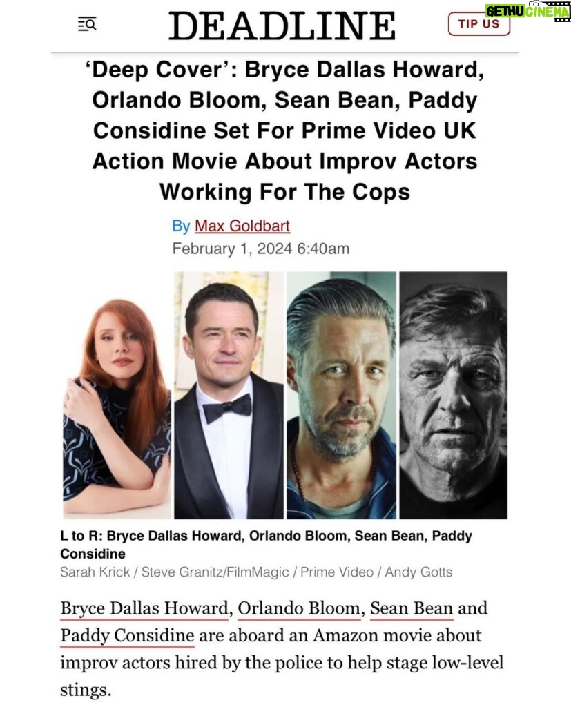 Bryce Dallas Howard Instagram - Up Next… Deep Cover ✨⁣ ⁣ [ID 1: A close up of hands holding a slate for “Deep Cover” on set.]⁣ ⁣ [ID 2: An article from “The Hollywood Reporter” with the headline, “Bryce Dallas Howard, Orlando Bloom, Sean Bean, Nick Mohammed Set for Amazon Film ‘Deep Cover’” with BDH’s headshot underneath.]⁣ ⁣ [ID 3: An article from “Deadline” with photos of the cast and the headline, “‘Deep Cover:’ Bryce Dallas Howard, Orlando Bloom, Sean Bean, Paddy Considine Set for Prime Video UK Action Movie About Improv Actors Working for the Cops.”]