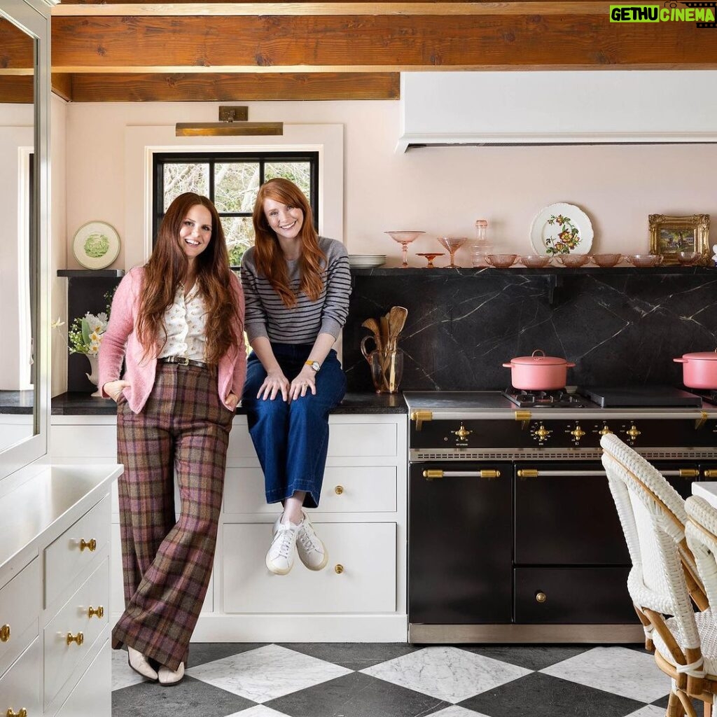 Bryce Dallas Howard Instagram - Today, January 31st, would have been my Grandma Jean’s 97th birthday which makes it all the more meaningful to share this @archdigest tour with you. My Grandma Jean inspired so much of how we decorated this house 💛⁣ ⁣ This is my second design collaboration with the exceptional @clairethomas. Claire has such a special gift for bringing out the story in anything and our home is just another example of that — every room is a different story of our family and what we most treasure. Thank you, thank you, thank you Claire!⁣ ⁣ Watch the AD tour of this Wes Anderson meets Jane Austen style home at the link in bio 🔗⁣ ⁣ Photography: @donnadotanphoto⁣ Interior Styling: @emilypertzborn⁣ Design: @clairethomas⁣ Writing: @kristenflanagan⁣ ⁣ [ID: Sitting in her kitchen, which now bounces with light, BDH smiles and rests on the countertop by the oven. She wears navy blue jeans, white sneakers, and a grey sweater with blue stripes.]⁣ ⁣ [ID: Splashes of Grandma Jean and Seth’s Nana around the home, like the open display of Depression glassware in the dining room and the bright blue wallpaper with yellow lemons in the guest room.]