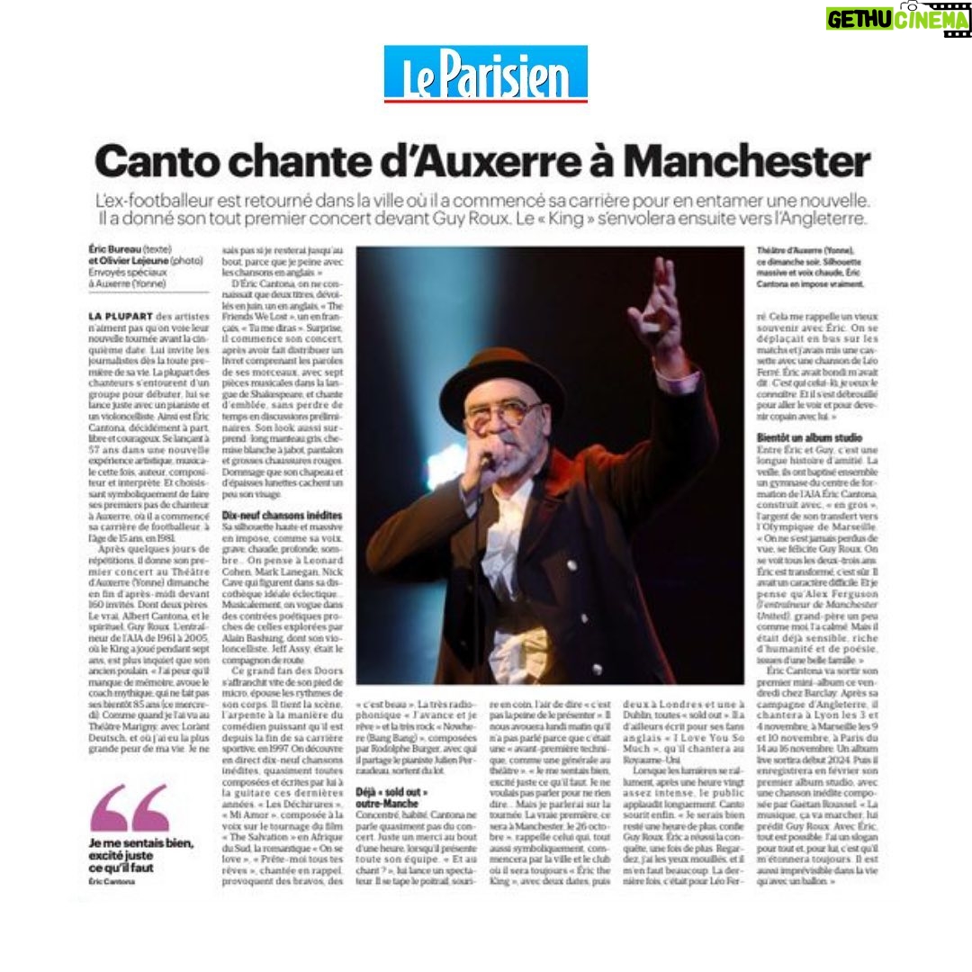 Éric Cantona Instagram - "Pour son premier concert, le chanteur Eric Cantona "a réussi la conquête, une fois de plus"". @leparisien @alainlalala