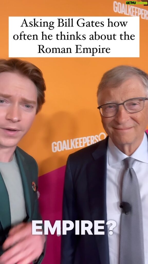 Calum Worthy Instagram - I asked Bill Gates how often he thinks about the Roman Empire at the @gatesfoundation #Goalkeepers2030 @thisisbillgates #romanempire #billgates