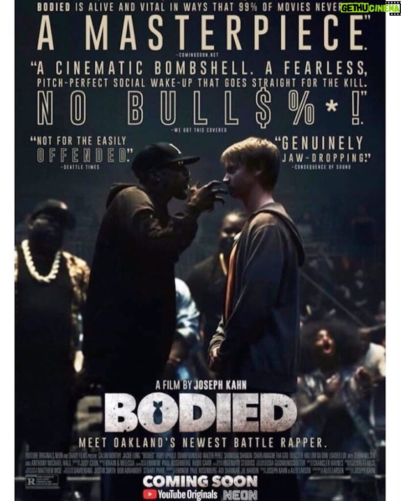 Calum Worthy Instagram - Bodied is out of theaters & available everywhere TOMORROW on YouTube! The whole world is about to get offended AF! Produced by EMINEM Directed by @josephkahn.