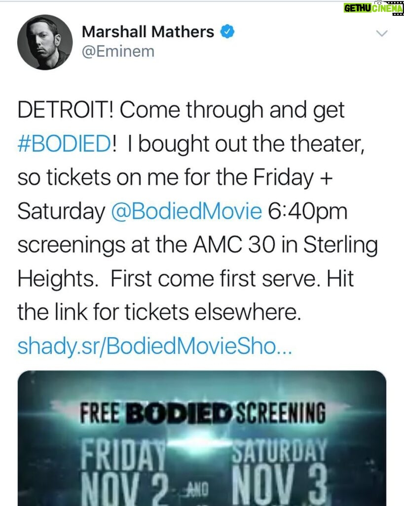 Calum Worthy Instagram - Eminem bought out two theaters in Detroit for free screenings of @bodiedmovie 🔥 He truly is a rap god