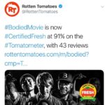Calum Worthy Instagram – Thank you New York Times for the incredible review! Thank you Rotten Tomatoes for announcing we’re #CertifiedFresh 🍅 at 91%. And thank you 50 Cent for the love! @bodiedmovie is in theaters tomorrow!