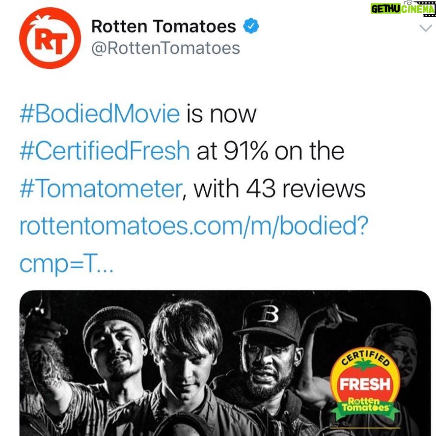 Calum Worthy Instagram - Thank you New York Times for the incredible review! Thank you Rotten Tomatoes for announcing we're #CertifiedFresh 🍅 at 91%. And thank you 50 Cent for the love! @bodiedmovie is in theaters tomorrow!