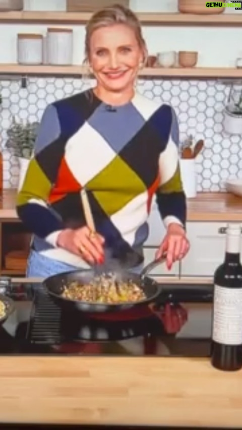 Cameron Diaz Instagram - Make your Thanksgiving leftovers last with a new flavor profile! My Fried Rice with Thanksgiving Leftovers recipe below! Paired with @avaline red wine 🍷 Thanks @abcgma3 for having me! RECIPE HERE: Serves 2 Ingredients (can be substituted based on leftovers): 1 cup turkey either breast or dark meat, or both cubed or shredded ¼ cup roasted brussel sprouts chopped finely ¼ cup roasted carrots chopped finely 3 scallions (white and pale green parts sliced) 2 cloves minced garlic 1 cup Stuffing (standard box made with chopped onions, celery & butter) 2 cups cooked Short grain rice (should be at least one day old) 1 egg 1/4 cup dried cranberries, chopped 1 tablespoon soy sauce 3 tablespoons vegetable oil Notes: could use corn casserole instead of stuffing. Peas would be a great addition too. Instructions: -Cut vegetables to the same uniform size, not quite a fine mince but a chopped mince. -In a pan on medium-high heat, add vegetable oil, heat, then add 1 egg & scramble. -Once egg blooms, add rice to and cook together. Once rice and egg is mixed, cook until rice is crispy. -Remove rice mixture from pan & set aside. -In heated pan, add soy sauce (no oil needed, butter already in stuffing), then fry stuffing, breaking it into small pieces until almost a crumble and crispy. -Turn heat down heat, then add carrots, Brussel sprouts, and turkey. -Mix in garlic, then add scallions (or chives). -Add cranberries. -Add rice back to pan and mix together.
