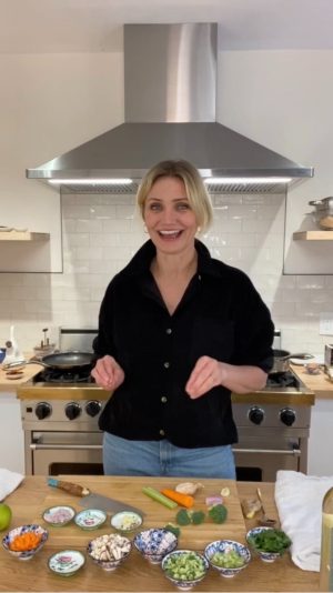 Cameron Diaz Instagram - I call this: Whatever-you-got Ramen! One of my favorite quick go-to meals where I take your classic instant ramen packet and dress it up a bit with whatever vegetables I happen to have in my fridge! Below is what I used in my ramen, but feel free to use whatever you have that fits your flavor profile & enjoy!
My recipe:
-2 ramen insta packs (Flavors: Lemongrass ginger & Garlic pepper)
-3 cups of chicken stock
-About 1/2 cup each of diced carrot, celery, shiitake mushrooms, broccoli
-About 1 tablespoon each of diced garlic, shallot, ginger & crunchy garlic chili sauce
-1 tsp sesame oil
-1 egg
-Juice from 1/2 a lime
-1 tsp of rice vinegar
-Roughly chopped cilantro to finish