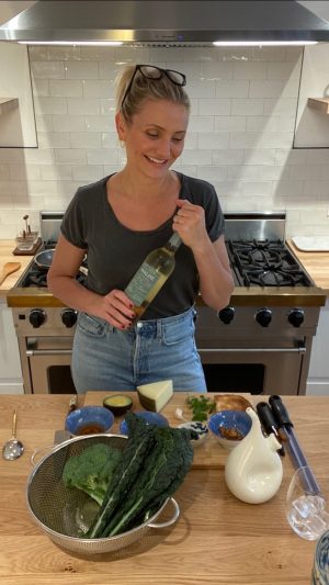 Cameron Diaz Instagram - •
Pairs with @avaline white wine ✨

Ingredients:
• Broccoli
• Kale
• Avocado
• Pickled egg
• Toasted bread
• Garlic
• Manchego (or your favorite) Cheese
• Grainy mustard
• Fresh mint
• Red Wine Vinegar
• Champagne vinegar
• Olive oil 
• Butter (or vegan substitute)