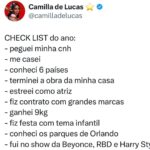 Camilla de Lucas Instagram - Sigo com preguiça de fazer vídeo retrospectiva de 2023, então deixei um checklist dos momentos mais mais! ✨ Como foi o seu? Que 2024 a gente viva o melhor ano das nossas vidas! 🥂🩵