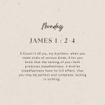 Candace Cameron-Bure Instagram - This verse has been heavy on my heart lately— JAMES 1 : 2-4 “Count it all joy, my brothers, when you meet trials of various kinds, for you know that the testing of your faith produces steadfastness. And let steadfastness have its full effect, that you may be perfect and complete, lacking in nothing.” Is there a specific verse that you have been constantly going back to? Tell me below 🩷