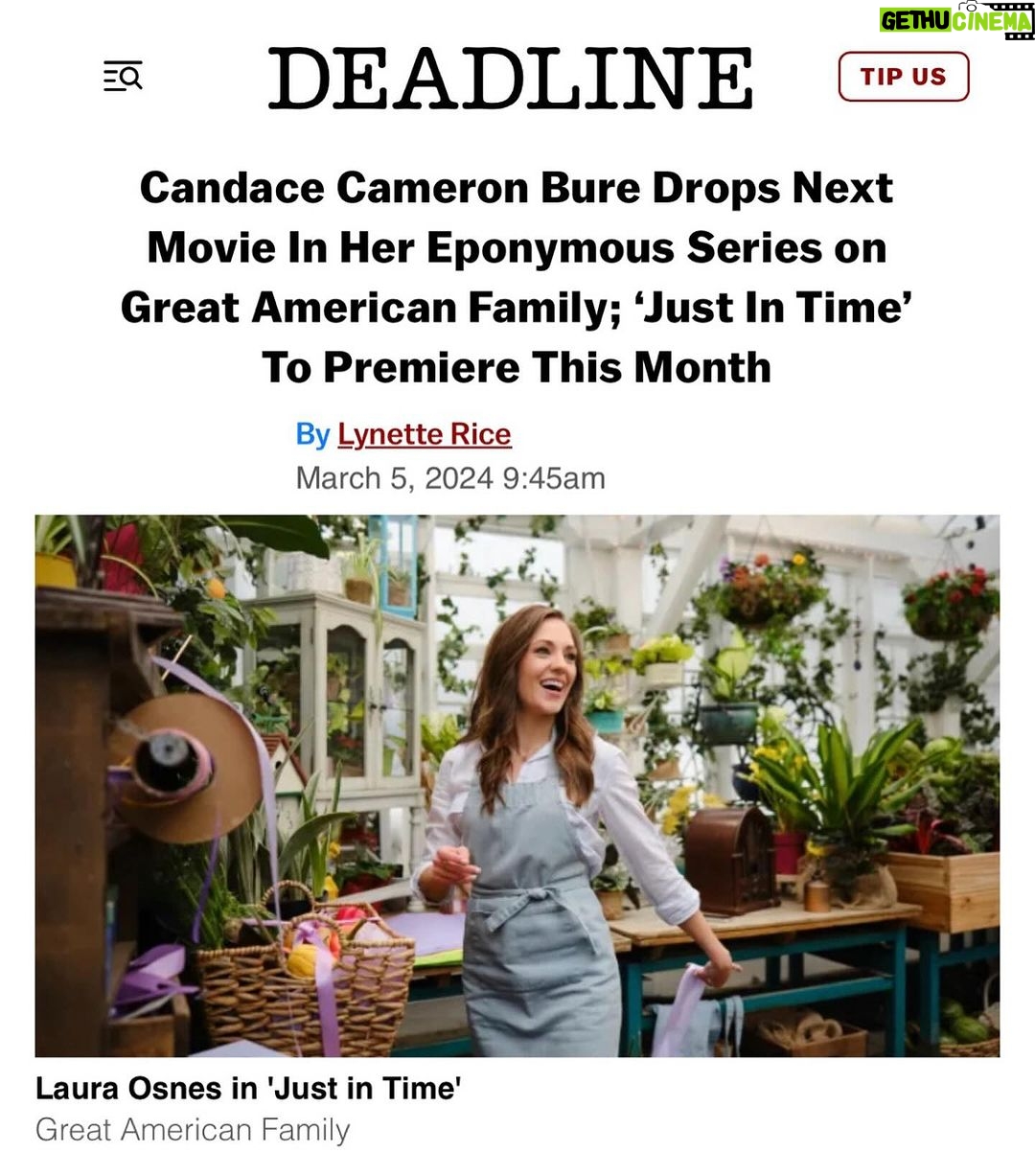 Candace Cameron-Bure Instagram - God did a thing on this movie! ✨🙏🏼 You don’t want to miss ‘Just in Time’ starring the uber talented @lauraosnes and @pjbryant1 on @greatamericanfamily channel. It was such a pleasure to produce this faith-filled family drama beautifully directed by @thepaulaelle and written by my friends @maseymclain and @taylorkalupa. Set your DVR- youll want to watch again and again 💛