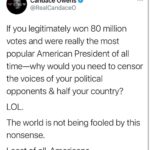 Candace Owens Instagram - I’m so popular that I have to censor, silence, block and/or prosecute half the country that disagrees with me. In order to prove my popularity, I must do what every evil dictator in the history of the world has done: silence their critics and control the mainstream media so they tell the world how popular I am. Also avoid giving speeches in front of crowds because there are none that support me. I’ll blame that part on a pandemic. 😂😂😂