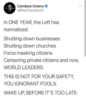 Candace Owens Instagram - Leftists are so blinded by their hatred for Trump that they do not understand how absolutely terrifying it is that tech companies can censor the sitting President of the United States. 

They will not get it until ALL of their freedoms are gone. 

The union is broken. America is no longer America. 

They are SO blinded by hatred.