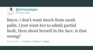 Candace Owens Instagram - SWIPE>>

A teenage mom—
Another teenager in a toxic relationship with a 51 year old man who was grooming her. A politician, and a 20 year old actress...

 Chrissy Teigen, a vile woman who Hollywood and the media who have been complicit in empowering— has a suicide fantasy for everyone. 

This trash human being has targeted young woman FOR YEARS who have done nothing to her other than exist. 

Hollywood has paraded her around as John Legend’s “hilarious non-politically correct wife.”

Lindsay Lohan slit her wrists and Chrissy Teigen mocked her for it. 

Courtney Stodden existed and Chrissy begged her to kill herself. 

Sarah Palin is a conservative so Chrissy asked her to shoot herself in the face. 

Are suicide and self-harm hilarious to all of the brands that sponsor this abhorrent woman? What about all of you celebrities who spent the last four years crying about Trump’s mean tweets? Where are you now? 

@target — you routinely claim to be a store that is focused on social responsibility. Do the right thing, stand up for young woman and teenagers who are being mentally abused, and DROP @chrissyteigen.