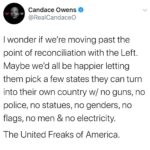 Candace Owens Instagram – They can pick a trans non-binary queer to be their President before Antifa and BLM burns down the White House— (for the sin of being white, of course). We can get our wall, but will pívot the project to keep leftists out because at this point, I’d take 1 million undocumented Mexicans over 10 leftists, any day of the week. 
We’ll assume they want no territory in the south (because slavery happened there, duh) and that they’ll want to keep California since they’ve already spent so much time and effort destroying it. 
No religion in the UFA (they will strictly worship celebrities), and nobody will work ever because they are somehow going to keep stealing from one another and sustain their economy. 
White people will bow and wash the feet of black people daily. And if they don’t, they will be forced to wear the scarlet “R” (racist) upon their chest. 
Also no electricity, or planes, obviously. It’s the only way to save the planet from exploding in 10 years. Everyone must do their part in the UFA. 
All I’m saying is that leftist Secession should not be completely off the table. Bc at this point, I’d live in a teepee in Nebraska if it meant not having to continue to watch these amoral cretins continue to rob and loot and destroy this great nation. 
#Trump2020