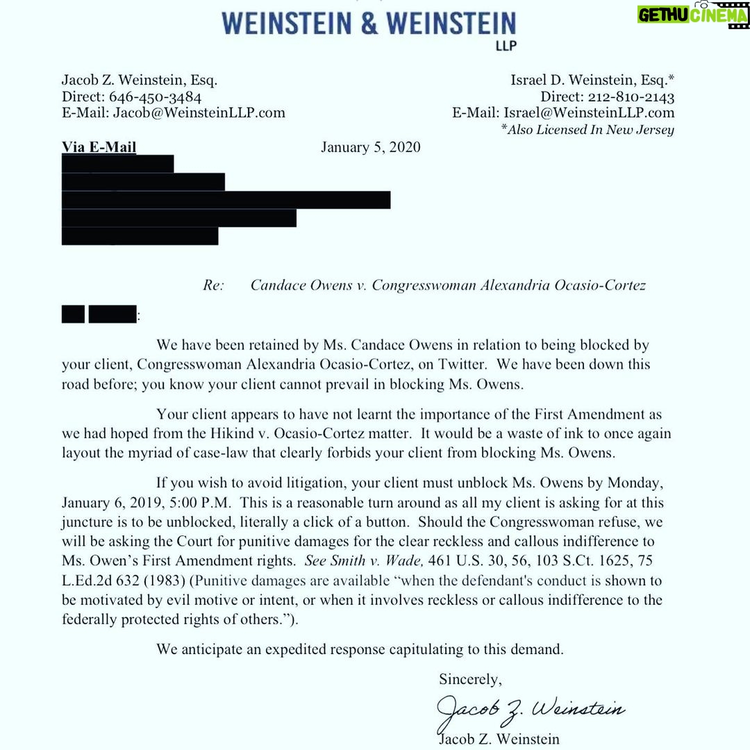 Candace Owens Instagram - ANNOUNCEMENT: In July of 2019, a New York Federal appeals court upheld a lower court decision from 2018, which disallowed President Trump to block his critics and naysayers from his personal twitter account. This decision set a first-time precedent stipulating that “the First Amendment does not permit a public official who utilizes a social media account for all manner of official purposes to exclude persons from an otherwise‐open online dialogue because they expressed views with which the official disagrees,” wrote Judge Parker, who was nominated to the appeals court by President George W. Bush. So you can imagine my surprise when I learned that during that same month, Congresswoman Alexandria Ocasio Cortez blocked me from her twitter account.. Too often it seems that the law is only applicable to one side of the political aisle. As a matter of ensuring equality, this week, I hired New York lawyer Jacob Weinstein to send Ms. Ocasio-Cortez a demand letter, highlighting our intention to litigate the matter, should she not unblock my account by end of day, January 6th 2019. I am pleased to announce that as of writing, her lawyer has indicated that his client would concede to our demand (letter in photos). This outcome is important for a few reasons: AOC blocked me because I am without question, her toughest critic. While she uses her social media presence to pollute the youth with fraudulent promises of a socialist utopia, I have used my online presence to directly refute such patently false indications. This outcome then assures us that there will continue to be a loud answer to the far-left’s predatory misinformation campaign aimed at our youth. It is due to your continued support of me and my various projects that we are able to set aside funding to pursue these seemingly small legal battles, that can have major outcomes in the long run. We must never allow people that wish to bring socialism to America, go unchecked. Ladies and gentlemen, it is 2020. This year, everything counts. Every battle, every word, every event, and every dollar will go toward or against the future of this country. My ask of every single one of you is to make this year count.