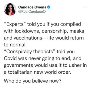 Candace Owens Instagram - Welcome to the Omicron variant. 
May the odds be ever in your favor.