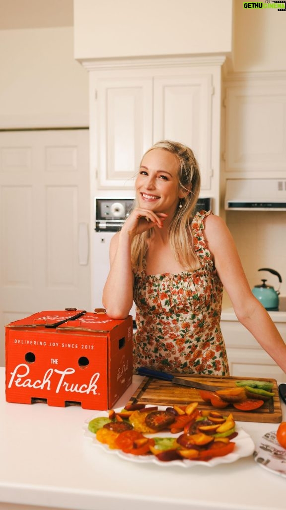 Candice King Instagram - I got my peaches from @thepeachtruck 🍑 and had so much fun putting together a last minute peach and burrata salad for summer soirée 🥂 Video up NOW on my YouTube channel 👩‍🍳 link in bio!
