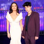 Catherine Zeta-Jones Instagram - About last night. “Wednesday” premiered in LaLaLand last night. Wow! What a night! Dylan, my son, sashayed me down the black carpet. My Maticevski gown was my ying to my Morticia Addams yang. And we had a ‘crystal ball’ cannot wait for you all to see this. Beware……………… Thanks to @miss_kellyjohnson @brettglam @marandahair