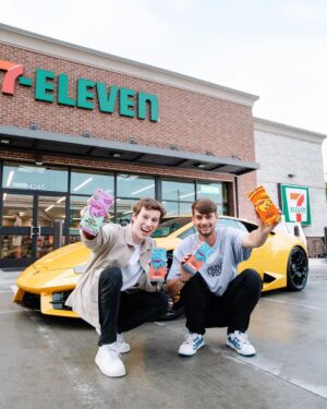 Chandler Hallow Instagram - Feastables is now available in EVERY 7-Eleven and Speedway in America! We are giving away a LAMBO to one person who buys Feastables anywhere in the next 7 days! GO BUY!