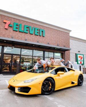 Chandler Hallow Instagram - Feastables is now available in EVERY 7-Eleven and Speedway in America! We are giving away a LAMBO to one person who buys Feastables anywhere in the next 7 days! GO BUY!