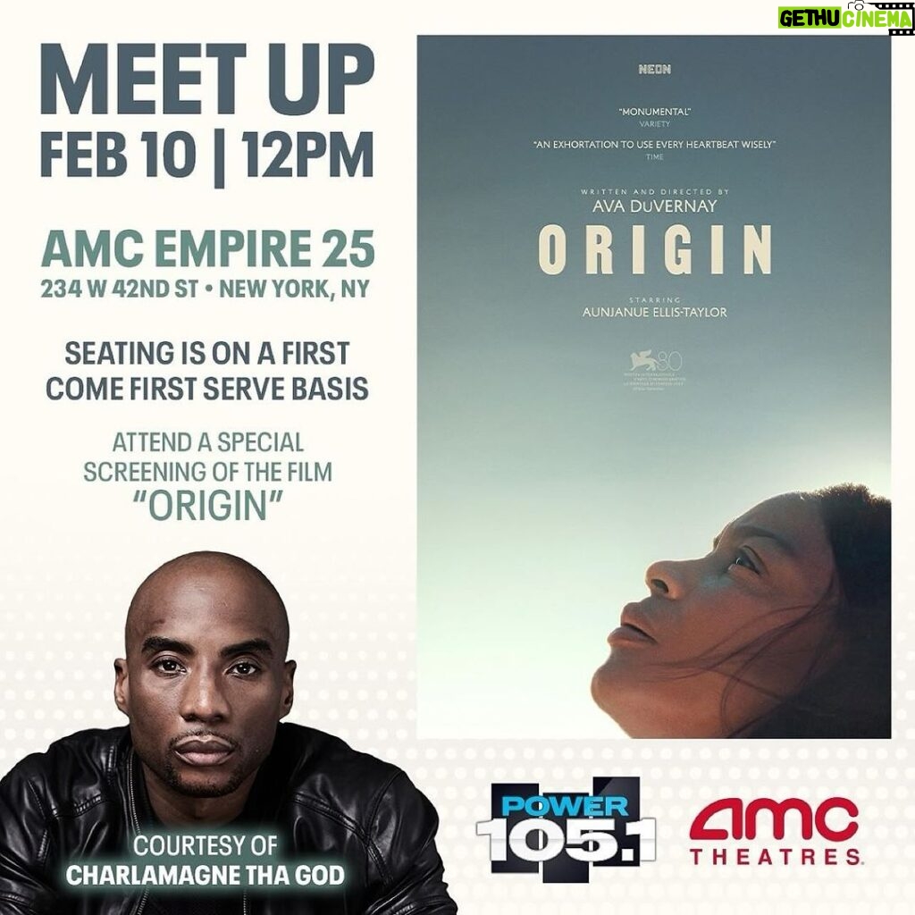 Charlamagne Tha God Instagram - If you in NYC Tomorrow do yourself a favor and attend a FREE screening of #ORIGIN 🎬 (@originmovie) courtesy of your Friendly Neighborhood Bad Guy ME!!! 12PM at AMC Empire 25 (234 W 42nd St, NY, NY). FREE Popcorn 🍿 and soda 🥤too!! Seating is on a first come first serve basis. So once it’s at capacity it’s nothing we can do so Pull Up!!!