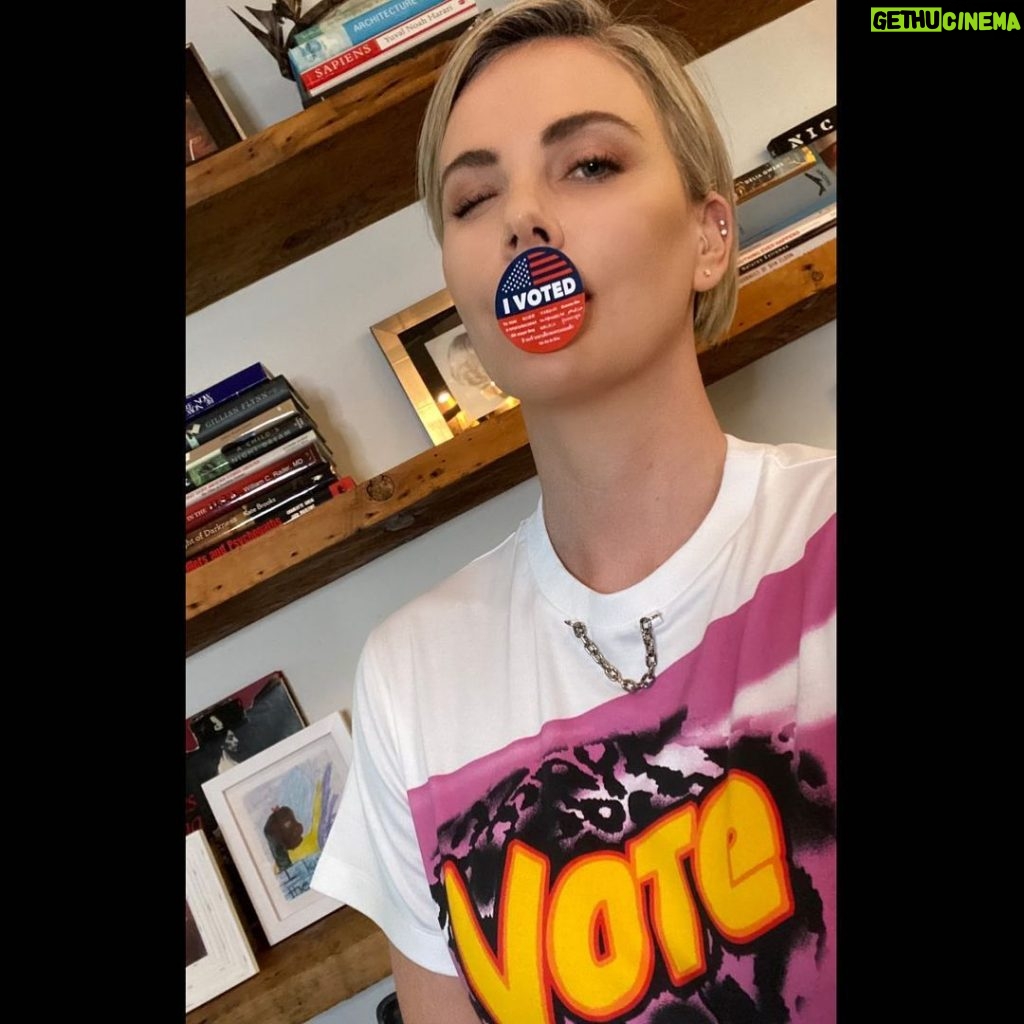 Charlize Theron Instagram - If you voted but didn’t take a slightly seductive winking selfie with your I Voted sticker, did you really even vote? The answer is YES. So look up early voting locations in your area, drop off your mail in ballot at an official drop box or polling place, or vote SAFELY in person on Election Day! However you do it, just VOTE.