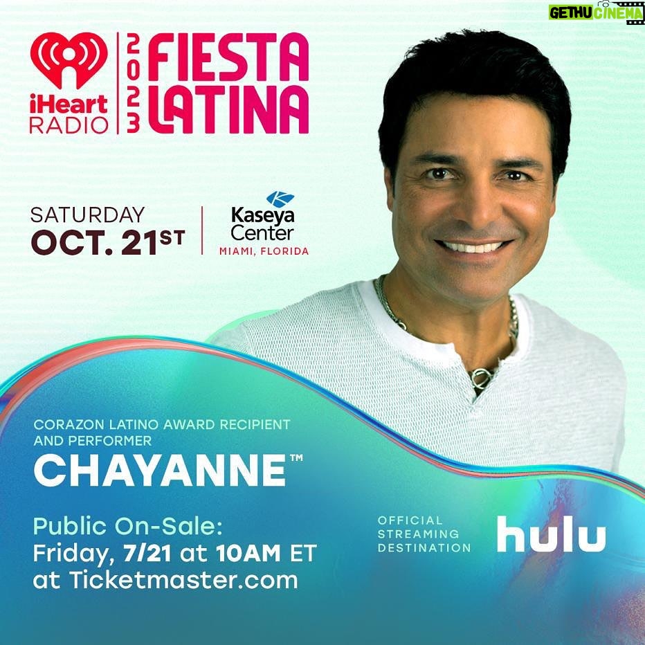 Chayanne Instagram - @iheartradio Coraz贸n Latino Award at this year鈥檚 #iHeartFiesta! 鉂わ笍馃帀 Watch my performance and celebrate with me in Miami on Oct. 21! Tickets on sale now 馃憜馃徏