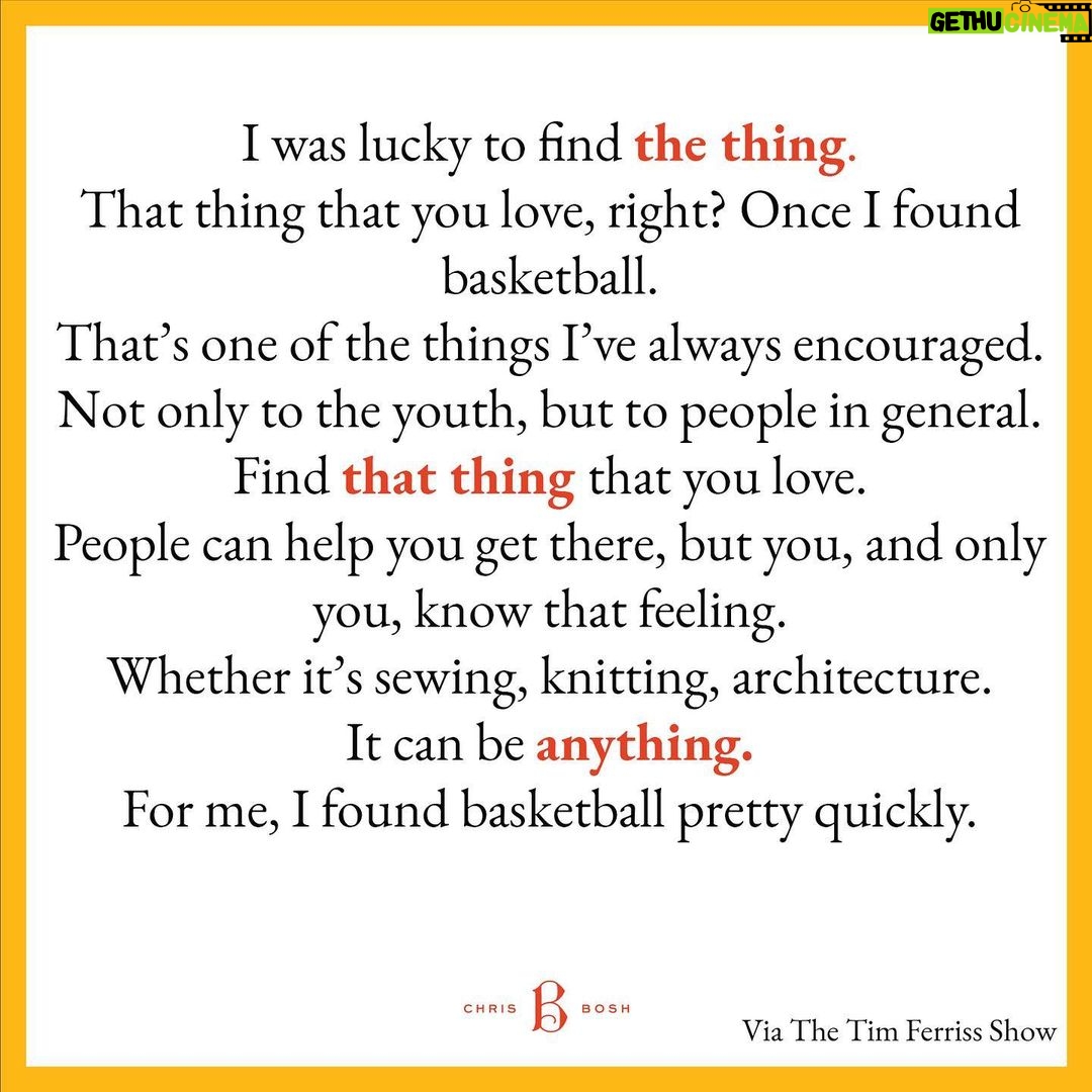 Chris Bosh - 5.1K Likes - Find the thing you love, stop complaining and keep it moving.
Thank you again to @timferriss for having me on. #LettersToAYoungAthlete
