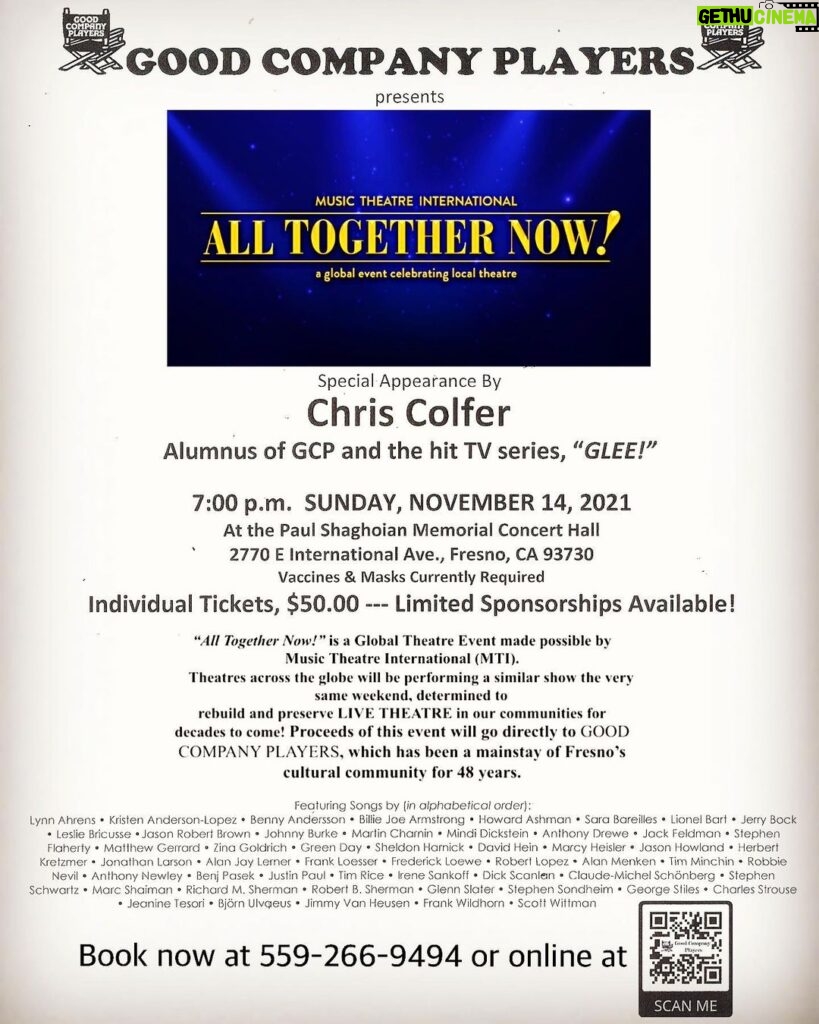 Chris Colfer Instagram - Hey friends in the Central Valley! I will be hosting/singing in a concert benefiting the @goodcompanyplayers and @RogerRockasFresno on November 14th, 2021. They taught me everything I know and I can’t wait to perform with them again! Big thank you to @mtishows for giving back to local theatres. #GoodCompanyPlayers #RogerRockas #2ndSpaceTheatre #CommunityTheatre #AllTogetherNowMTI #Fresno #Clovis #CentralValley