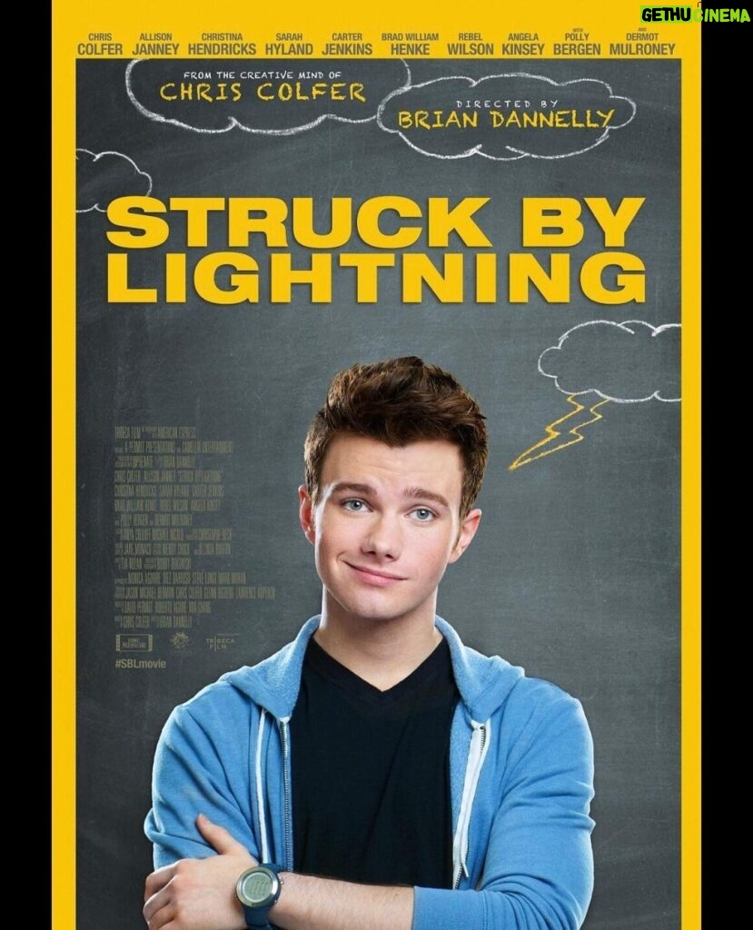 Chris Colfer Instagram - Happy Struck By Lightning Day!⚡️ Ten years ago, I wrote, produced, and starred in a little indie movie called “Struck By Lightning.” It was directed by the amazing Brian Dannelly and had an incredible cast and crew, including Allison Janney, Rebel Wilson, Christina Hendricks, Dermot Mulroney, Robbie Amell, Angela Kinsey, Sarah Hyland, Carter Jenkins, Roberto Aguire and my dear friend, the late Polly Bergen. (You should have seen me dancing around the production office when the cast was confirmed - I hope there isn’t video.) Making a movie about a teenager driven by ambition, instead of sex and popularity, was an enormous challenge. Also, a project starring a young openly gay actor was nearly impossible to sell back then. But it happened! More than a decade later, I still get stopped on the street by strangers who tell me how much the movie helped them while growing up. The letters, the tweets, the fan art, and the overall support the film has received since 2013 – not to mention the heated arguments many of you got into with critics - is the greatest gift a writer could get. Thank you from the bottom of my heart, and remember, always wear rubber-soled shoes during a storm. Sincerely, A Boy Who Flew