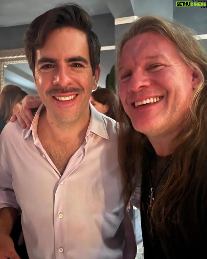Chris Jericho Instagram - Great chat with my bro @eliroth talking his new hit movie @thanksgivingmovie on @talkisjericho NOW! #EliRoth discusses the origin of his new boffo box office holiday horror, his goal to make it an annual franchise, delving into the intricacies of the New England accent, his philosophy behind the kills in the movie, the history of his killer #JohnCarver, the giant hornets of Italy, why it was time for him to make another horror film, learning from @tarantinoxx, #BruceWillis & @cate_blanchettofficial, his opinions on streaming vs theatrical releases, filming in Canada, encouraging his young cast to bond, why @patrickdempsey never used his Maine accent onscreen before, how his movies never had one specific killer, #pumpkinbeer, Fargo accents, @ironmaiden, why he prefers Freddy over Jason & more on @spotify, @itunes and @applepodcasts NOW! @siriusxm @siriusxmfightnation Plymouth, Massachusetts